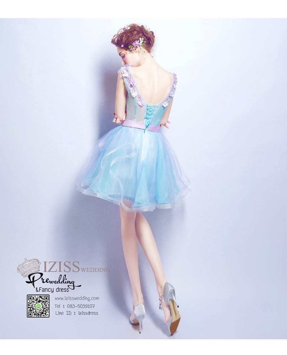 DS018 - **พร้อมส่งทั้งกระโปรงสั้น/ยาว**ชุดราตรี เดรสสั้นออกงาน (short dresses) ชุดไปงานแต่งงานสวยๆ "ธีมสีฟ้า-ม่วง"