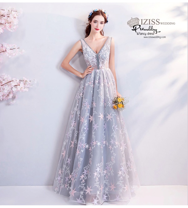 DL074 - **พรีออเดอร์** ชุดราตรี เดรสยาวออกงาน (Night party dresses) ชุดไปงานแต่งงานสวยๆ "ธีมสีฟ้าแต่งดอก 3D"