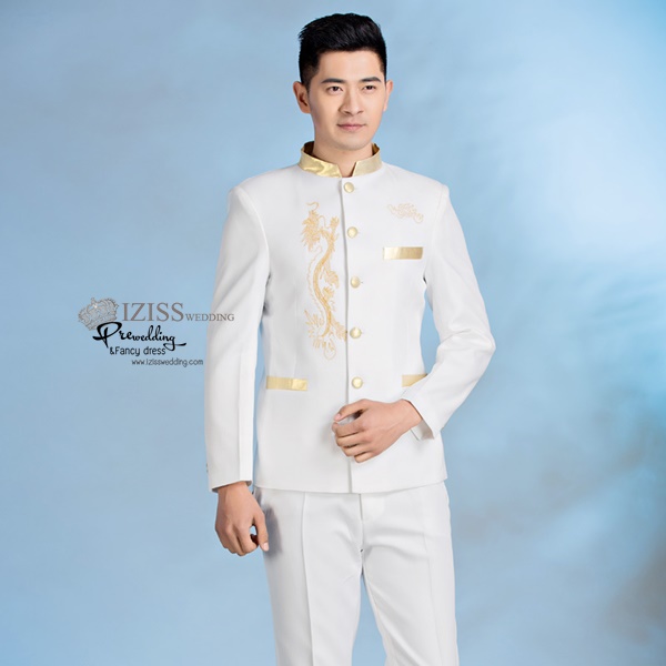 ST088 **พรีออเดอร์**สูทจีนผู้ชายสีดำแขนยาวปักลายมังกรสีทอง ติดกระดุมสีดำ พร้อมกางเกงสีดำขาสอบ ชุดสูทเจ้าบ่าว สูทแฟนซี ถ่ายพรีเวดดิ้ง & ชุดแต่งงานแฟนซี (Fancy wedding dress) สูทผู้ชายสีดำ
