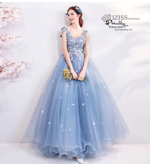 DL072 - **พรีออเดอร์** ชุดราตรี เดรสยาวออกงาน (Night party dresses) ชุดไปงานแต่งงานสวยๆ "ธีมสีฟ้าครามแต่งดอก 3D"