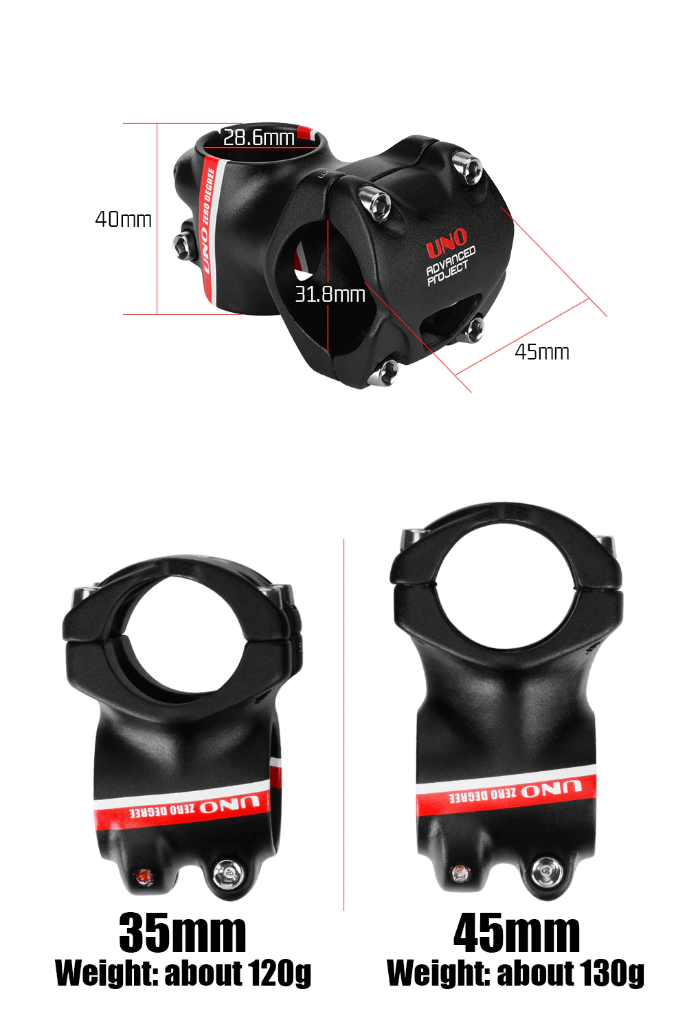 สเต็มจักรยานอลูมิเนียม UNO 0 degree ยาว 35มม. 45มม.