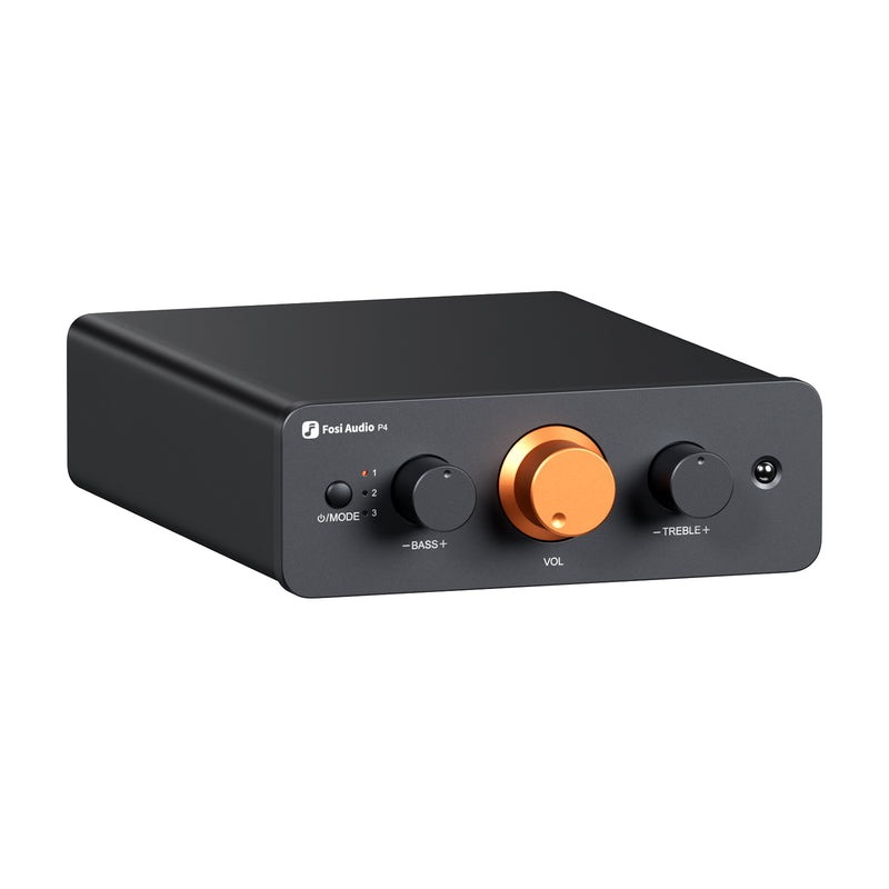 Fosi Audio P4 พรีแอมป์สำหรับระบบเสียงในบ้าน พร้อมอินพุต RCA 3 ตัว, EQ/Bypass การควบคุมโทนเสียง ประกันศูนย์ไทย