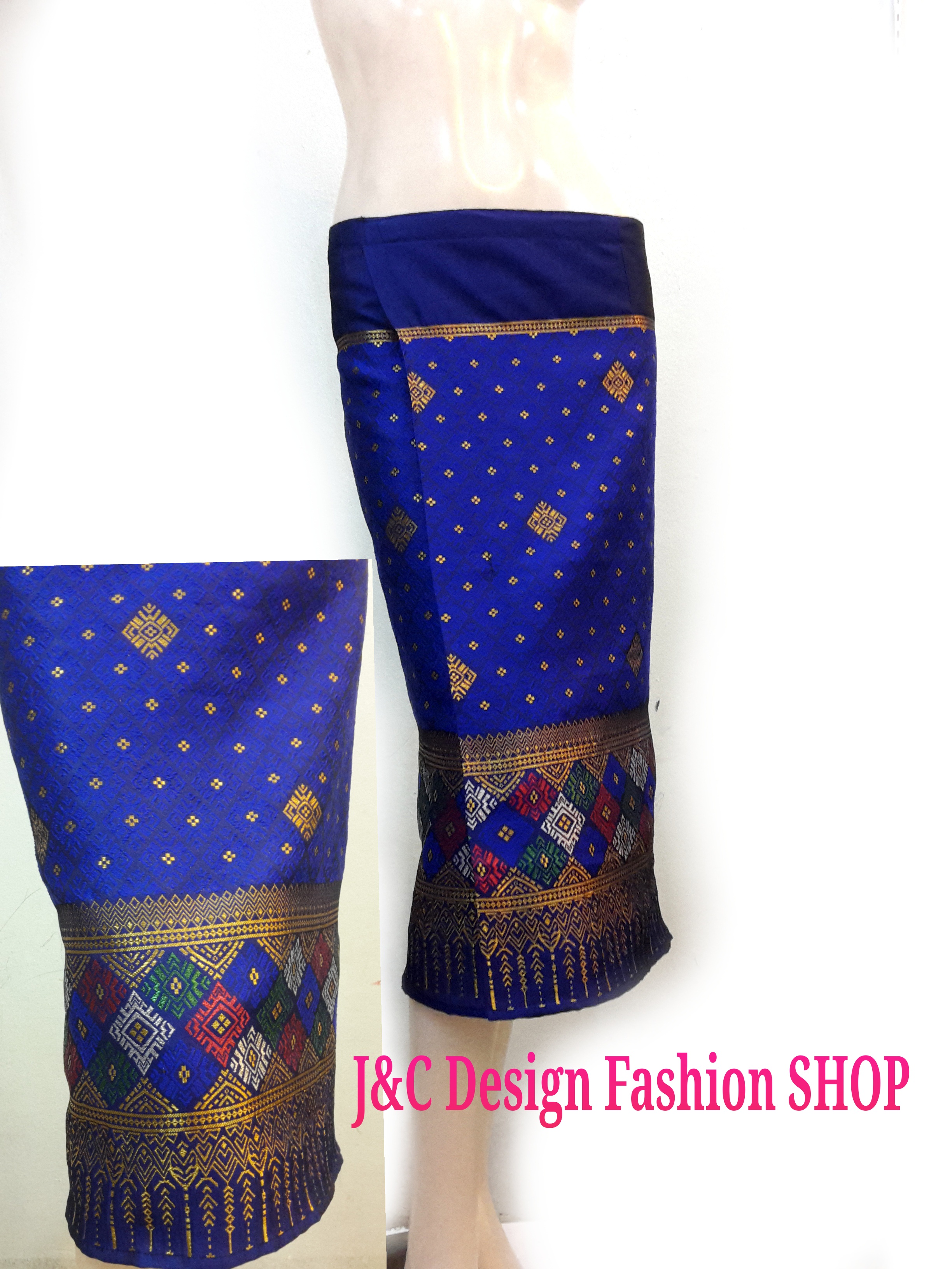 ผ้าถุงสำเร็จรูป ผ้าซิ่นสำเร็จรูปผ้าซิ่นลาว แบบป้ายเลื่อนตะขอ สีน้ำเงินเมทอลลิค