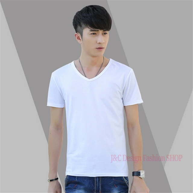 เสื้อผู้ชายคลาสสิกแขนสั้น ใส่แล้วท็อปส์เพียวสีขาวดำ คอVคอยืดหยุ่นผ้าฝ้ายไลคร่าเสื้อยืดเสื้อกล้าม เสื้อยืดเกาหลีคอวีชาย