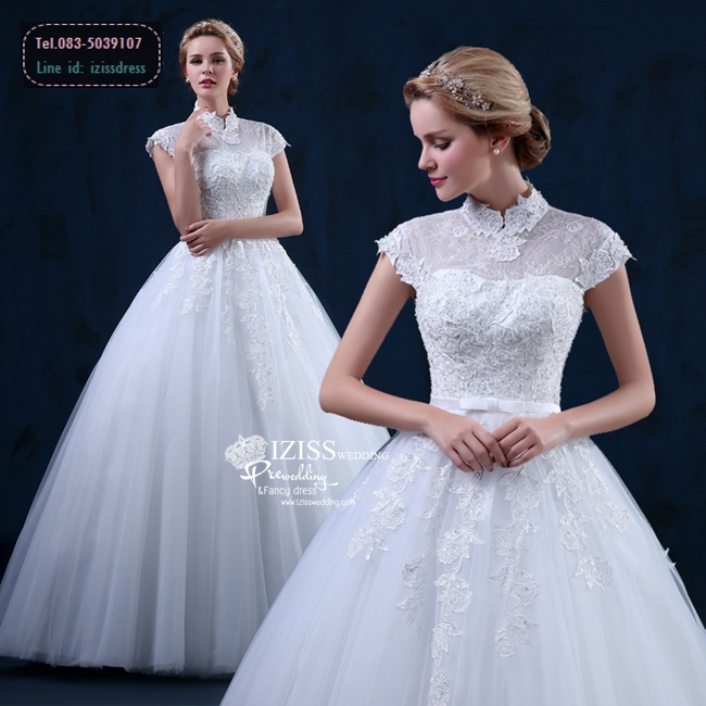 BR167 **พรีออเดอร์**ชุดแต่งงาน&ชุดเจ้าสาวแบบยาวสีขาวเกรดพรีเมี่ยม แขนสั้น ตกแต่งดีเทลลูกไม้ช่วงคอและข้างแขน ซีทรูช่วงไหล่และเนินอก ติดโบว์ช่วงเอว หรูหราน่ารัก สวยโดดเด่นไม่ซ้ำใคร