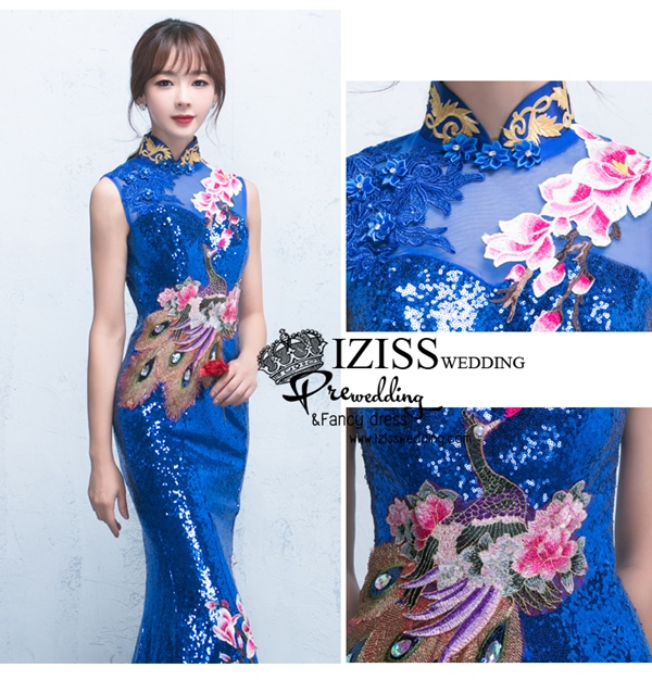 PW494 - **พรีออเดอร์** ชุดกี่เพ้าสีน้ำเงินเลื่อม ชุดคู่ถ่ายพรีเวดดิ้ง (prewedding dress) & ชุดแต่งงานแฟนซี (Fancy wedding dress)ชายหญิง "ธีมสีน้ำเงิน"