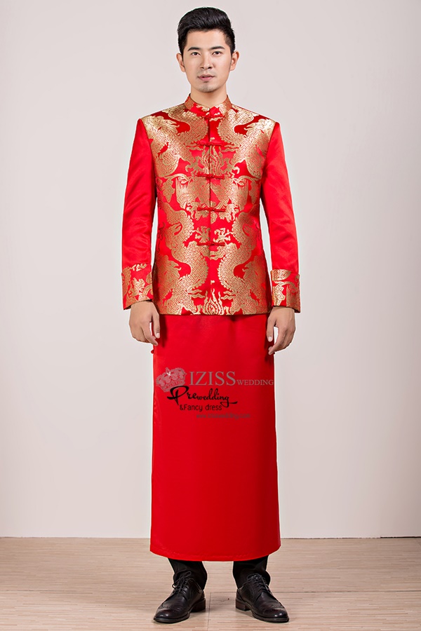 ST076 **พรีออเดอร์แบบ A B C D ระบุเวลาซื้อด้วยนะคะ**สูทจีนผู้ชายสีแดงแขนยาวปักลายมังกรสีทอง กระดุมขัด พร้อมกระโปรงสีแดง ชุดสูทเจ้าบ่าว สูทแฟนซี ถ่ายพรีเวดดิ้ง & ชุดแต่งงานแฟนซี (Fancy wedding dress) สูทผู้ชายสีแดง