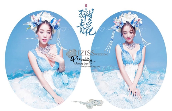 PW378 - **พรีออเดอร์** ชุดจีนสีฟ้าสไตล์โมเดริ์น ชุดคู่ถ่ายพรีเวดดิ้ง (prewedding dress) & ชุดแต่งงานแฟนซี (Fancy wedding dress)ชายหญิง "ธีมสีฟ้าขาว"