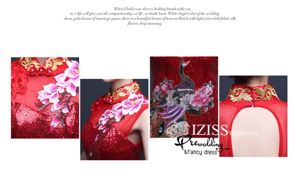 PW497 - **พรีออเดอร์** ชุดกี่เพ้าสีแดงเลื่อม ชุดคู่ถ่ายพรีเวดดิ้ง (prewedding dress) & ชุดแต่งงานแฟนซี (Fancy wedding dress)ชายหญิง "ธีมสีแดง"