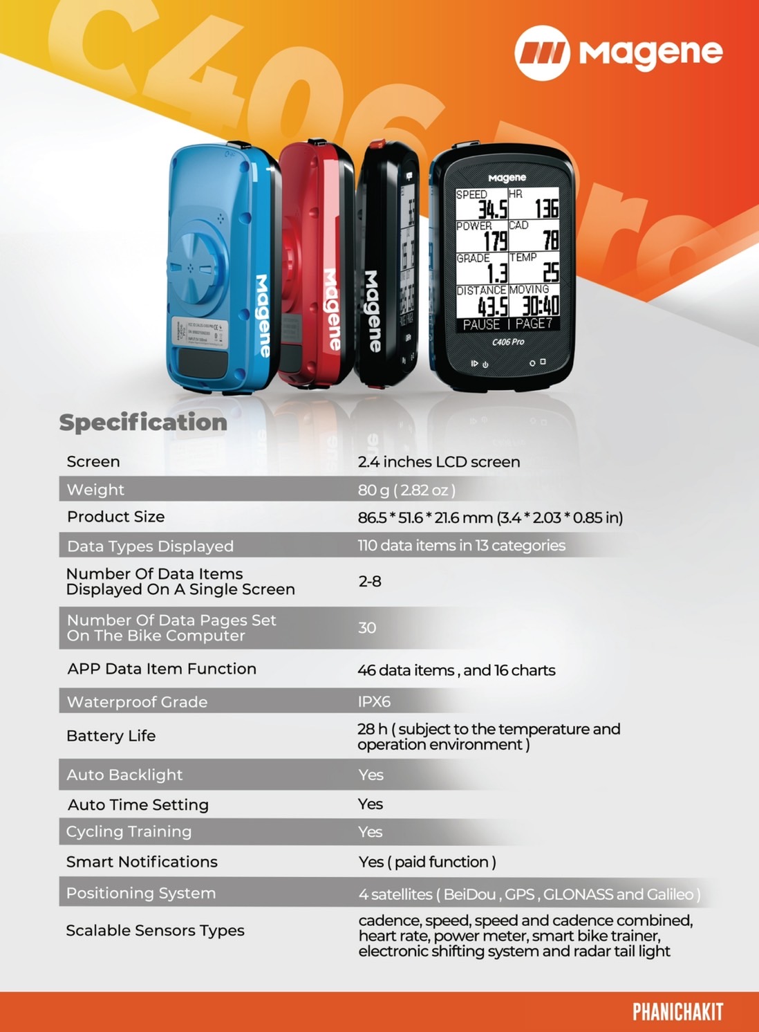 MAGENE : C406 Pro ไมล์ GPS พร้อมระบบนำทาง ฐานบาร์ฟลาย