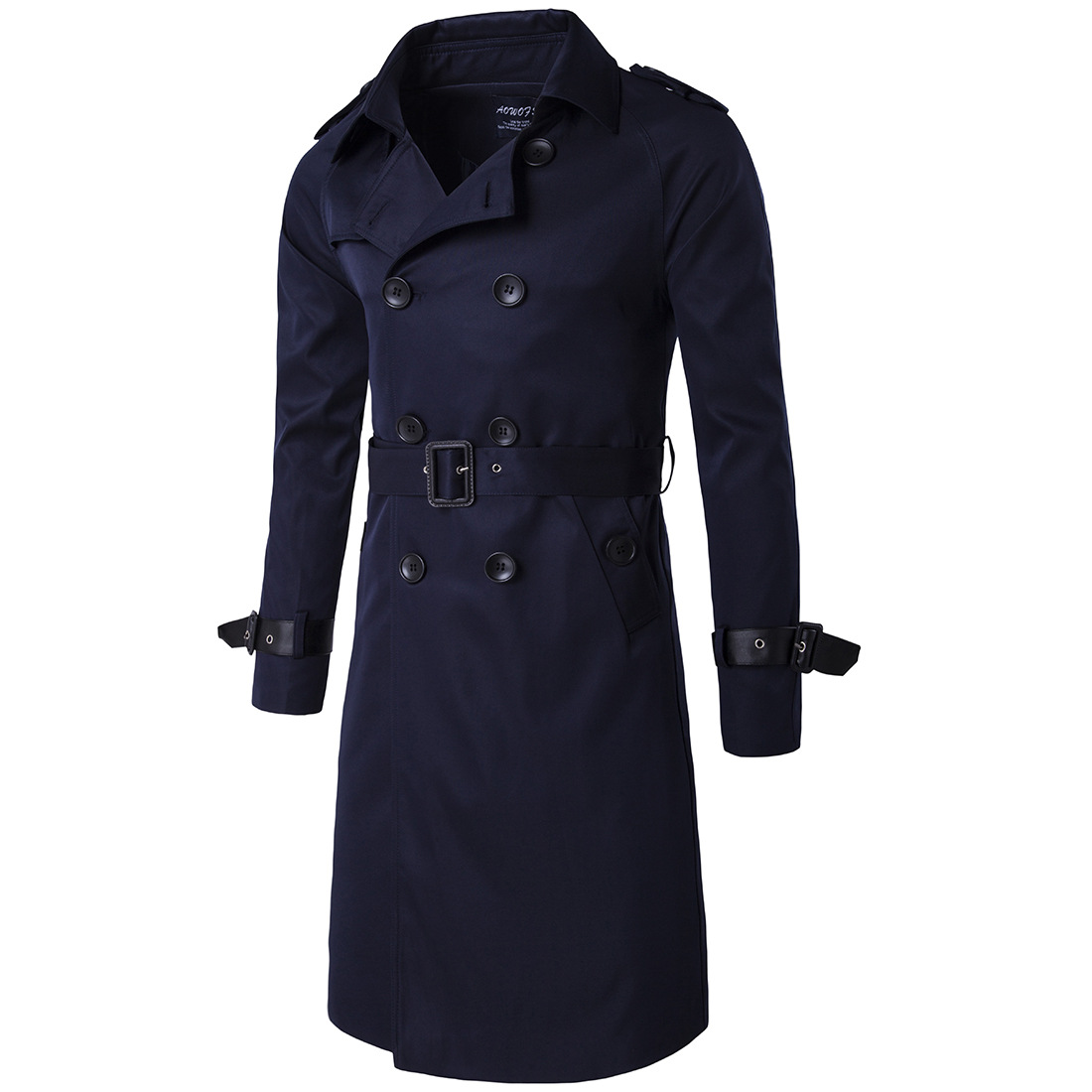 เสื้อโค้ท trench coat เทรนช์โค้ทผู้ชาย สีน้ำเงินกรมท่า ตัวยาว กระดุมหน้า แขนยาว ทรงตรง ปลายแขนแต่งหนังเป็นเข็มขัด กระเป๋าข้างใช้งานได้ มาพร้อมเข็มขัดเข้าชุด งานเรียบหรูมากๆ 
