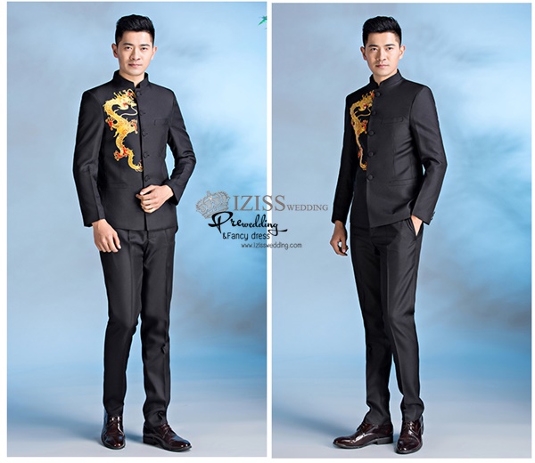 ST078 **พรีออเดอร์**สูทจีนผู้ชายสีดำแขนยาวติดลายมังกรสีทอง ติดกระดุมสีดำ พร้อมกางเกงสีดำขาสอบ ชุดสูทเจ้าบ่าว สูทแฟนซี ถ่ายพรีเวดดิ้ง & ชุดแต่งงานแฟนซี (Fancy wedding dress) สูทผู้ชายสีดำ