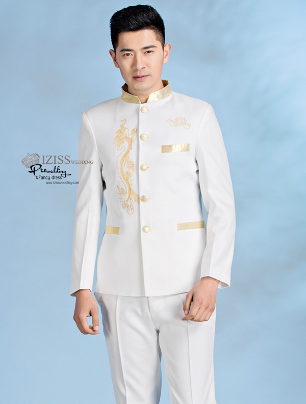 ST088 **พรีออเดอร์**สูทจีนผู้ชายสีดำแขนยาวปักลายมังกรสีทอง ติดกระดุมสีดำ พร้อมกางเกงสีดำขาสอบ ชุดสูทเจ้าบ่าว สูทแฟนซี ถ่ายพรีเวดดิ้ง & ชุดแต่งงานแฟนซี (Fancy wedding dress) สูทผู้ชายสีดำ