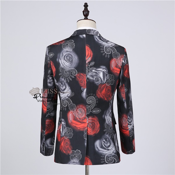 ST106- **พรีออเดอร์**สูทแฟนซีผู้ชายสีดำหม่นลายดอกไม้ พร้อมกางเกง ชุดสูทเจ้าบ่าว สูทแฟนซี ถ่ายพรีเวดดิ้ง & ชุดแต่งงานแฟนซี (Fancy wedding dress) สูทผู้ชายสีดำหม่นลายดอกไม้สีแดงขาว