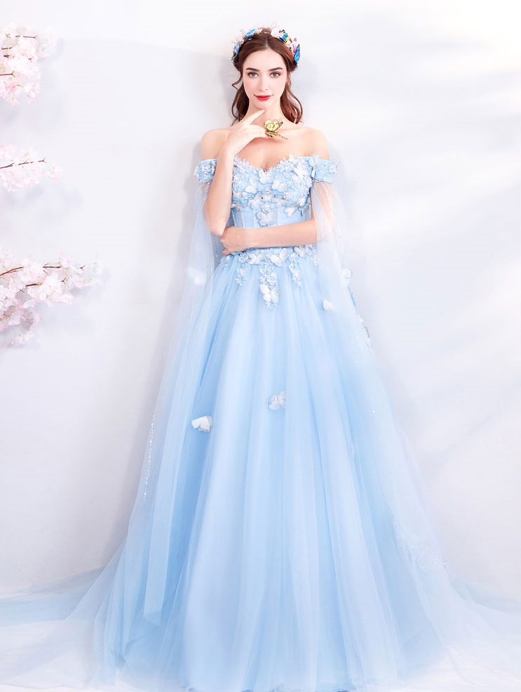 DL112 - **พรีออเดอร์** ชุดราตรี เดรสยาวออกงาน (Night party dresses) ชุดไปงานแต่งงานสวยๆ "ธีมสีฟ้าแต่งดอก 3D"