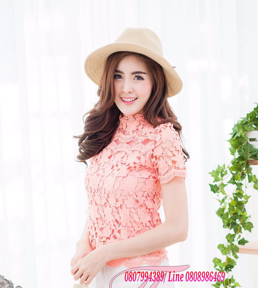 เสื้อลูกไม้สไตน์เกาหลี เสื้อลูกไม้สไตน์วัยรุ่น เสื้อผ้าไทยใส่กับผ้าซิ่น เสื้อผ้าฝ้ายใส่กับผ้าถุง เสื้อใส่ผ้าซิ่น เสื้อลูกไม้แขนสั้นสีโอรส
