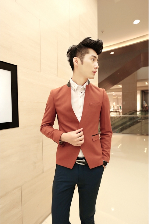 พรีออเดอร์ - เสื้อสูทแฟชั่นผู้ชาย สีส้ม กระดุม 2 เม็ด แถวเดียว มีซับใน แขนยาว ใส่ออกงานได้