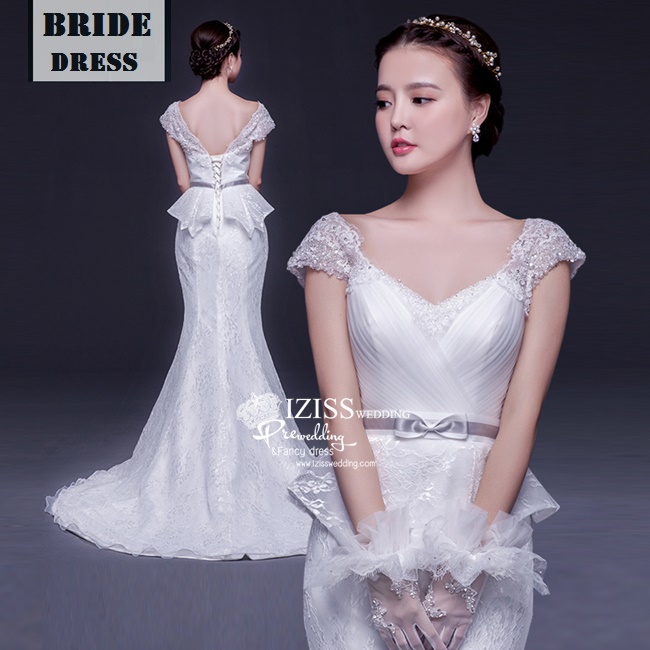 BR164 **พรีออเดอร์**ชุดแต่งงาน&ชุดเจ้าสาวทรงหางปลาแบบยาวสีขาวเกรดพรีเมี่ยม แขนสั้นตกแต่งลูกไม้ผสมเลื่อมและลูกปัดใส หรูหราน่ารัก สวยโดดเด่นไม่ซ้ำใคร