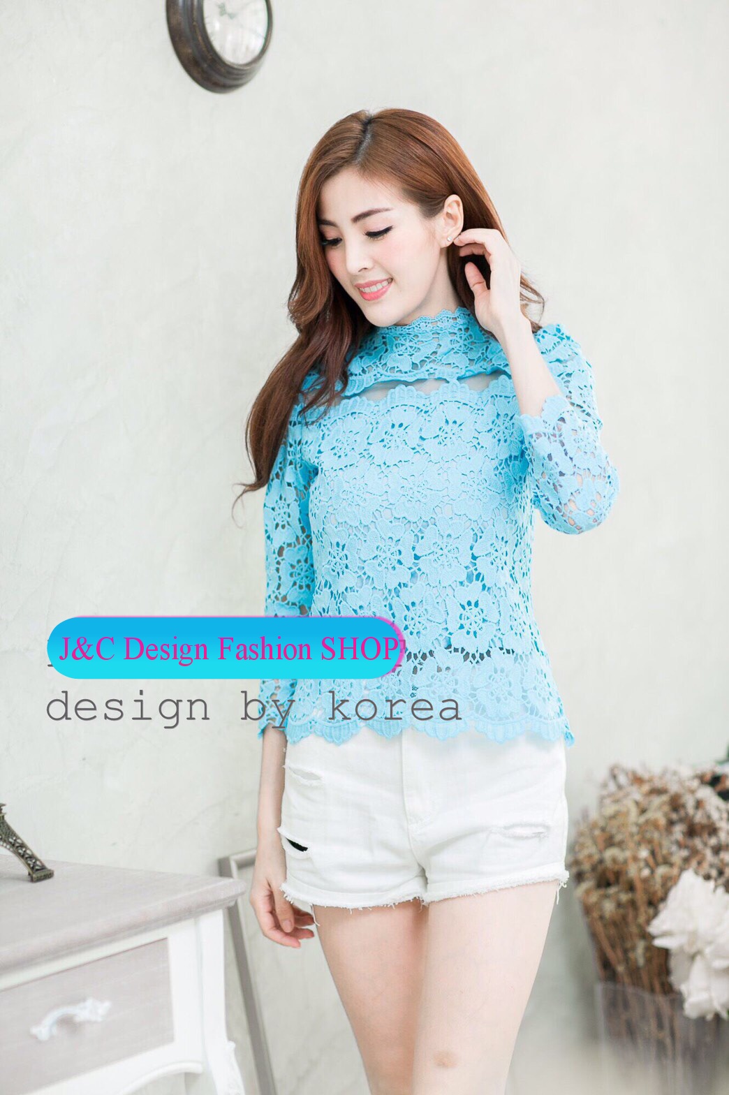 เสื้อลูกไม้สไตน์เกาหลี เสื้อลูกไม้สไตน์วัยรุ่น เสื้อใส่ผ้าซิ่น เสื้อลูกไม้แขนยาว 5 ส่วนสีฟ้า