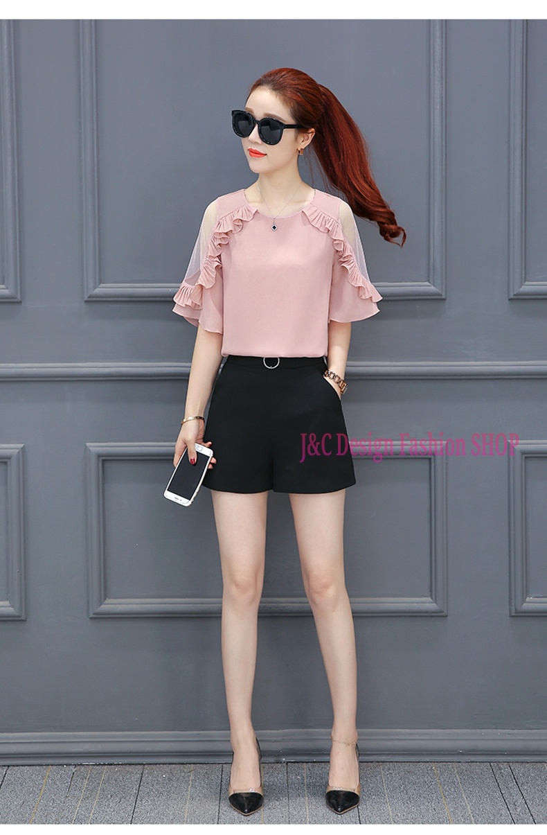 เสื้อทำงานชีฟองสีชมพูกระปิแต่งผ้าอัดพรีทแขนเว้าผ้ามุ้ง เสื้อชีฟองแต่งพรีทสีชมพูกระปิ เสื้อทำงานเกาหลีคอแต่งโบว์ เสื้อสมัครงาน ชุดสมัครงาน เสื้อใส่กับผ้าถุง เสื้อใส่กับผ้าซิ่น