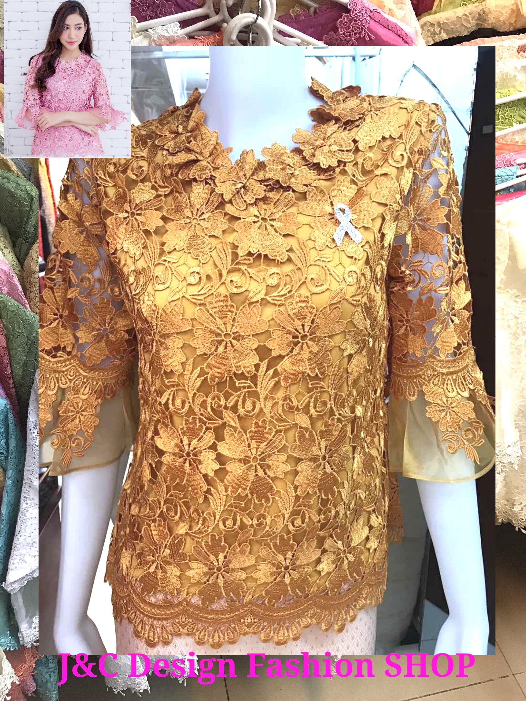 เสื้อลูกไม้สไตน์เกาหลีสีทอง เสื้อลูกไม้สไตน์วัยรุ่นสีทอง เสื้อผ้าไทยใส่กับผ้าซิ่น เสื้อผ้าฝ้ายใส่กับผ้าถุงสีชมพูกลีบบัว เสื้อใส่ผ้าซิ่น เสื้อลูกไม้พาดาแขนสั้นสีทอง