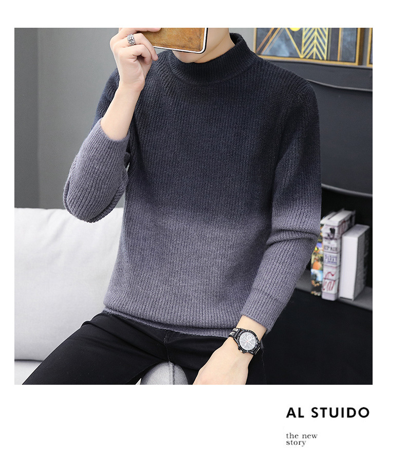 เสื้อไหมพรมผู้ชาย สีดำ ไล่สี คอปีน เนื้อไหมพรมลายริ้วเล็ก แขนยาว สเวตเตอร์ผู้ชาย ผ้าหนา นุ่ม ยืดหยุ่นได้ดี ใส่กันหนาว ใส่ไปเที่ยวต่างประเทศได้ ใส่เดี่ยวหรือทับด้วยโค้ท สเวตเตอร์ผู้ชาย