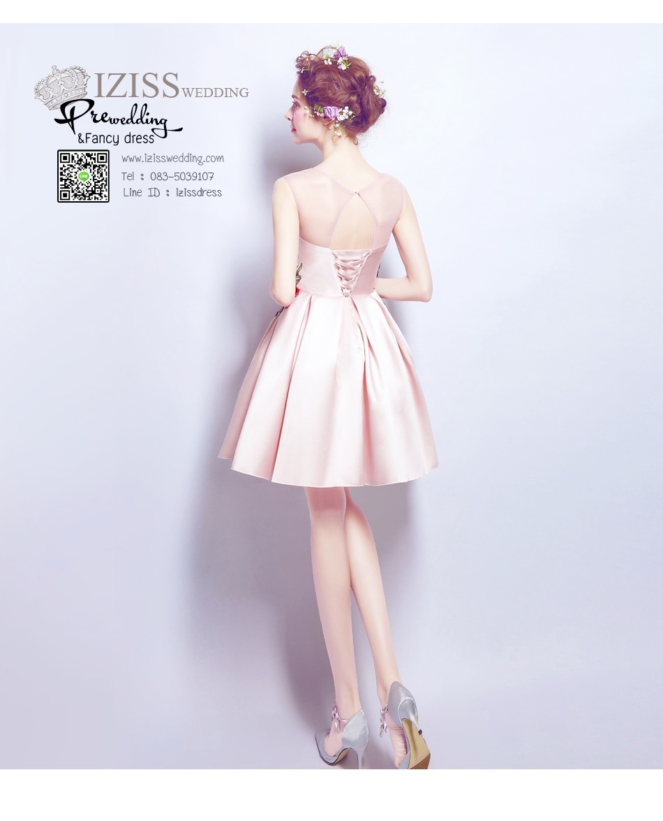 DS022 - **พรีออเดอร์** ชุดราตรี เดรสสั้นออกงานผ้าซาติน (short dresses) ชุดไปงานแต่งงานสวยๆ "ธีมครีมชมพู"