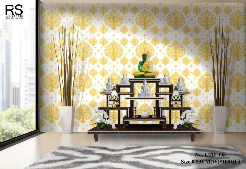 วอลเปเปอร์ ติดห้องพระ ลายไทยต้นโพธิ์ สีทองพื้นขาว รหัส LTD-J08