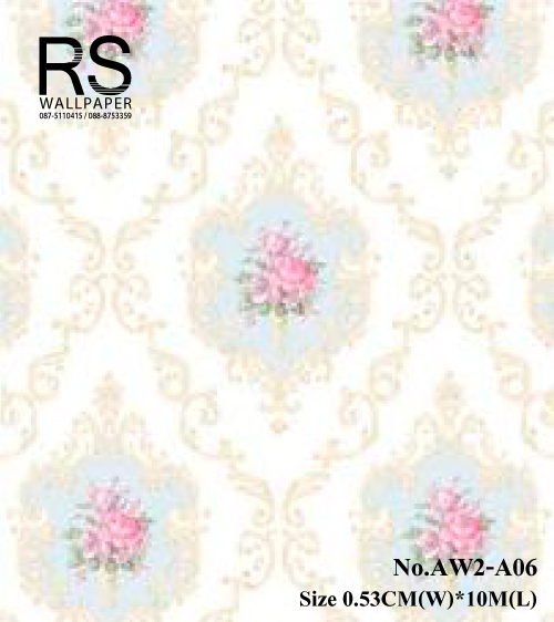 วอลเปเปอร์ ลายหลุยส์ วินเทจ พื้นสีขาวฟ้า ดอกไม้สีชมพูAW2-A06