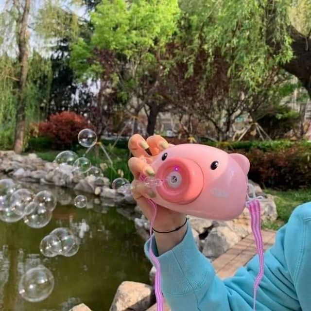 ที่เป่าฟอง หมูชมพู เป่าฟองหมู คล้องคอ