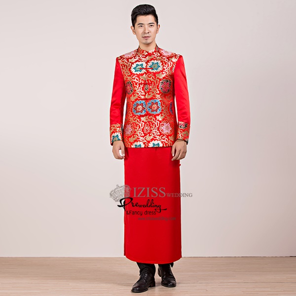 ST076 **พรีออเดอร์แบบ A B C D ระบุเวลาซื้อด้วยนะคะ**สูทจีนผู้ชายสีแดงแขนยาวปักลายมังกรสีทอง กระดุมขัด พร้อมกระโปรงสีแดง ชุดสูทเจ้าบ่าว สูทแฟนซี ถ่ายพรีเวดดิ้ง & ชุดแต่งงานแฟนซี (Fancy wedding dress) สูทผู้ชายสีแดง