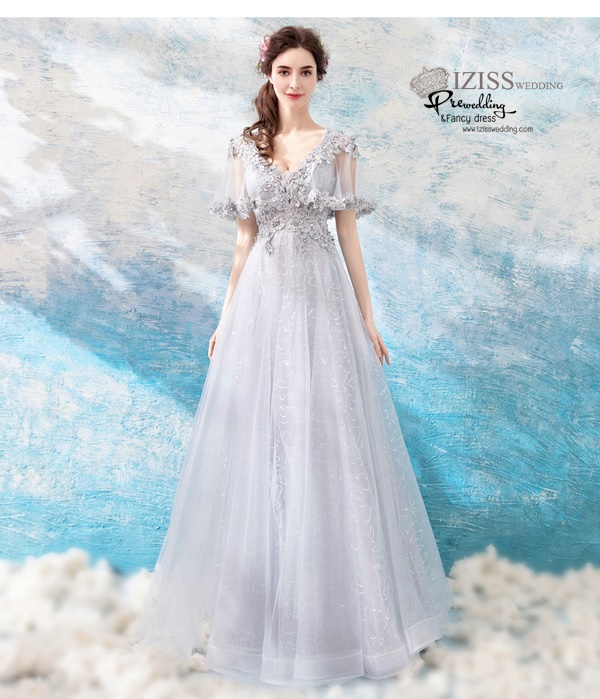 DL067 - **พรีออเดอร์** ชุดราตรี เดรสยาวออกงาน (Night party dresses) ชุดไปงานแต่งงานสวยๆ "ธีมสีเทาแต่งดอก 3D"