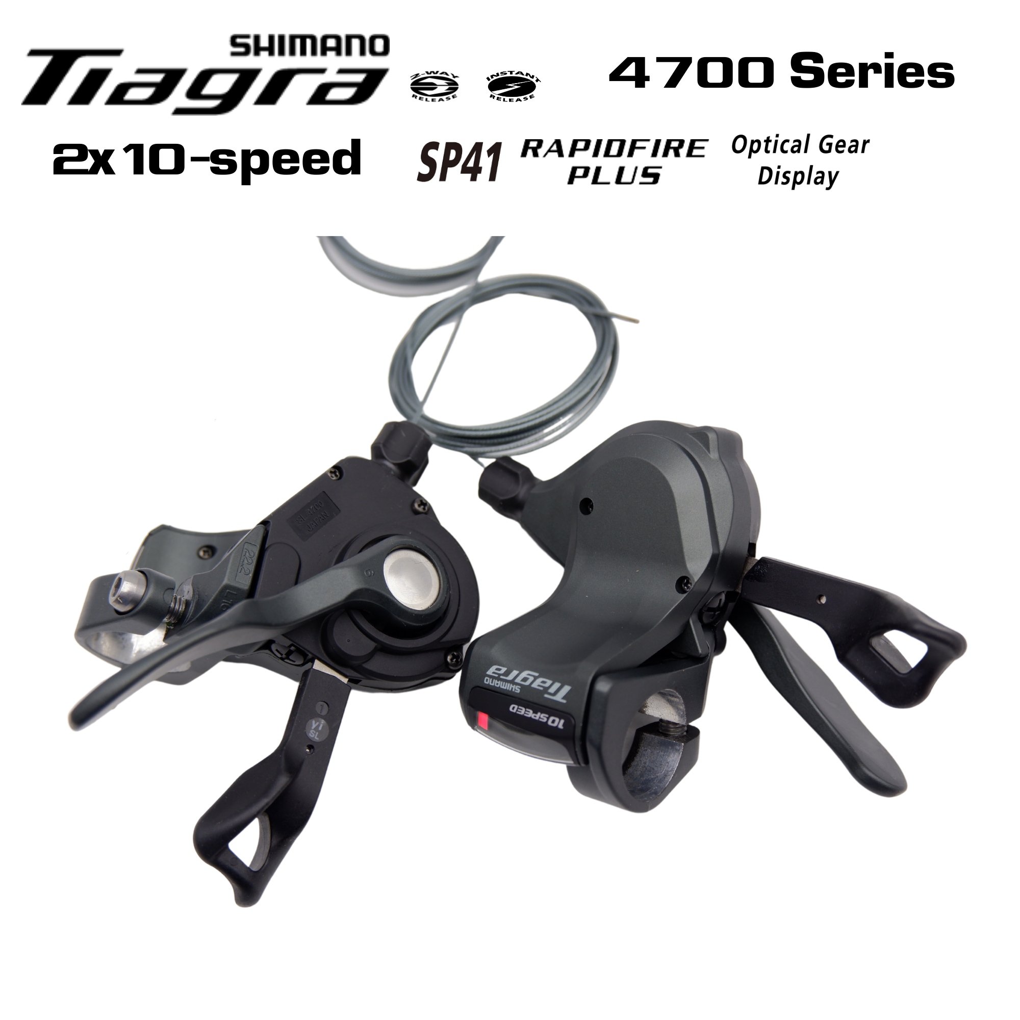 มือเกียร์จักรยานเสือหมอบแฮนด์ตรง SHIMANO TIAGRA, SL4700, รุ่นจาน 2 ชั้น, ใส่แฮนด์ตรง, 10-SPD, พร้อมสาย (มีกล่อง)