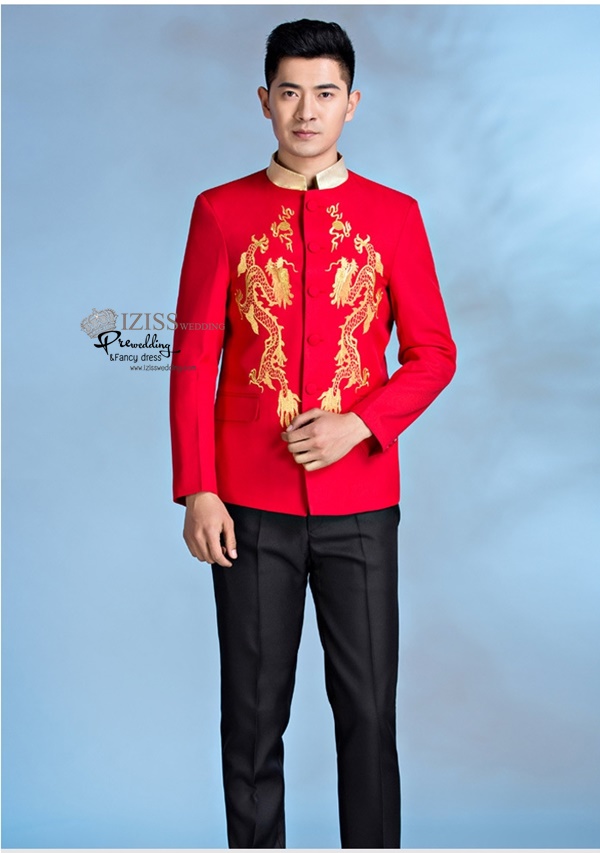 ST084 **พรีออเดอร์**สูทจีนผู้ชายสีแดงคอสีทองแขนยาวปักลายมังกรคู่สีทอง ติดกระดุมสีทอง พร้อมกางเกงสีดำขาสอบ ชุดสูทเจ้าบ่าว สูทแฟนซี ถ่ายพรีเวดดิ้ง & ชุดแต่งงานแฟนซี (Fancy wedding dress) สูทผู้ชายสีแดง ดำ