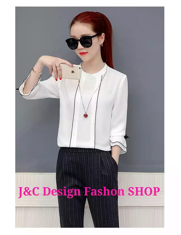 เสื้อผ้าชีฟองสีขาวแขนกระดิ่งกุ้นดำ เสื้อชีฟองแต่งเกล็ดระบายด้านหน้า แต่งระบายข้างกุ้นดำ เสื้อทำงานเกาหลี เสื้อเกาหลีสมัครงาน ชุดสมัครงานเกาหลี เสื้อลูกไม้ใส่กับผ้าถุง เสื้อลูกไม้ใส่กับผ้าซิ่น