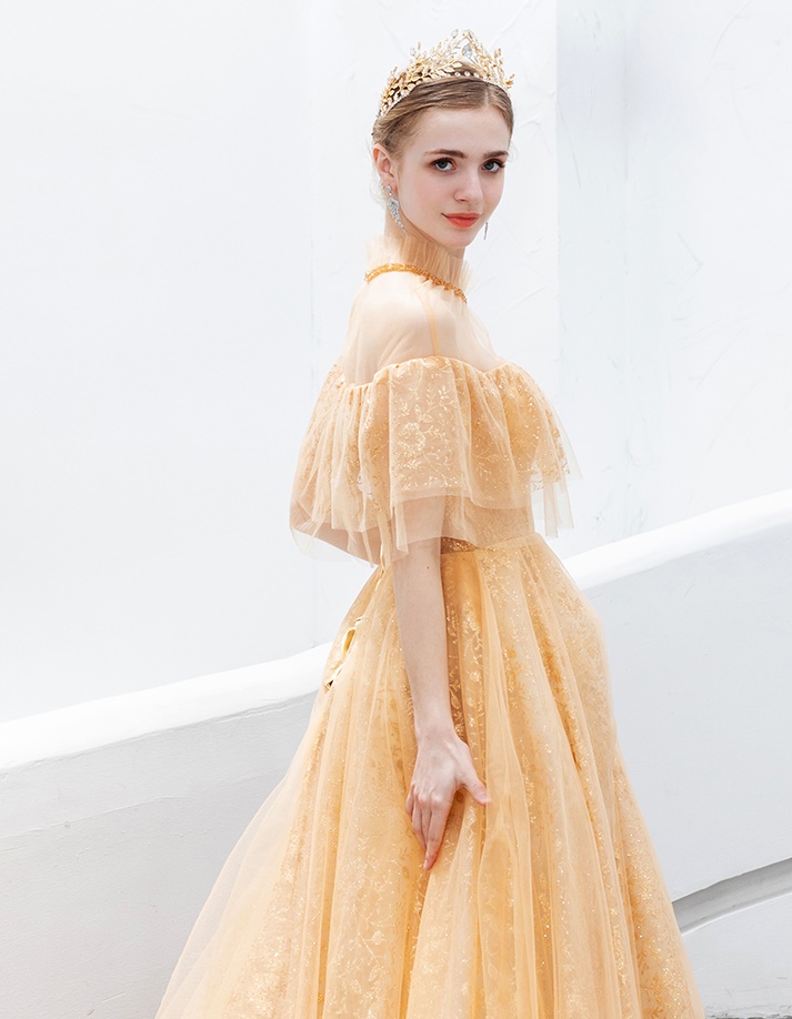 DL089 **พรีออเดอร์** ชุดออกงานสีทอง ชุดราตรี เดรสยาวออกงาน (Night party dresses) ชุดไปงานแต่งงานสวยๆ "ธีมสีทอง"