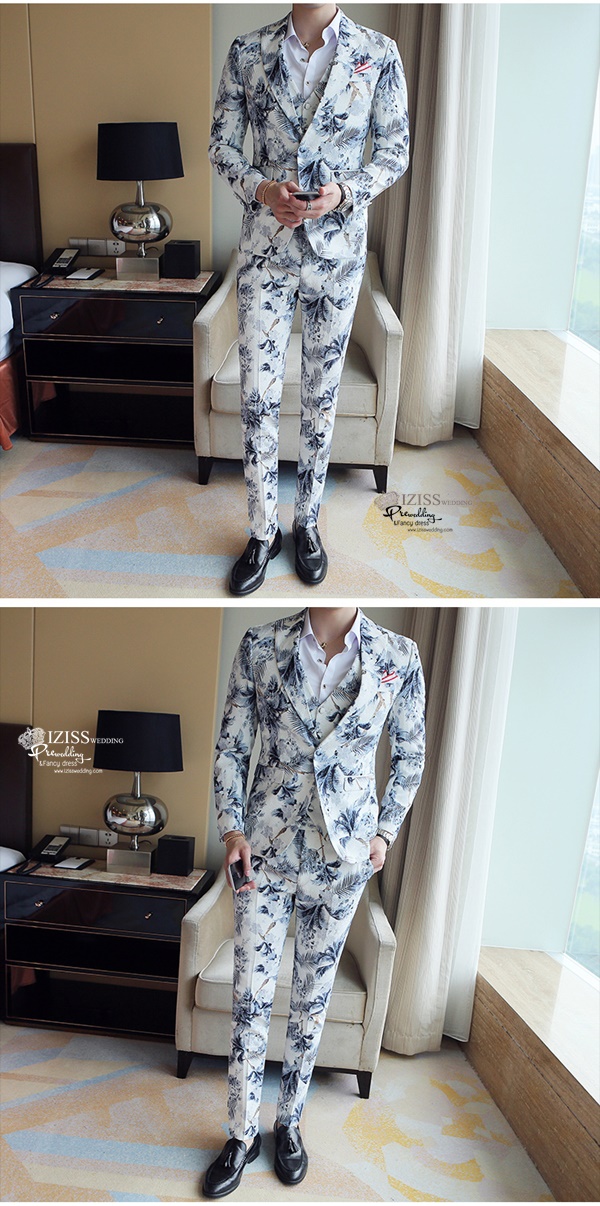 ST121- **พรีออเดอร์**สูทแฟนซีผู้ชายสีขาวลายใบไม้ แขนยาว พร้อมกางเกง ชุดสูทเจ้าบ่าว สูทแฟนซี ถ่ายพรีเวดดิ้ง & ชุดแต่งงานแฟนซี (Fancy wedding dress) สูทผู้ชายสีขาวลายใบไม้