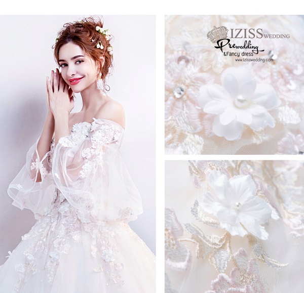 DL032 - **พรีออเดอร์** ชุดราตรี เดรสยาวออกงาน (Night party dresses) ชุดไปงานแต่งงานสวยๆ "ธีมสีขาวดอก 3D"