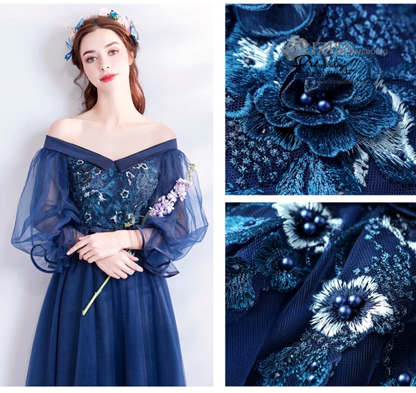 DL071 - **พรีออเดอร์** ชุดราตรี เดรสยาวออกงาน (Night party dresses) ชุดไปงานแต่งงานสวยๆ "ธีมสีกรมแต่งดอก 3D"