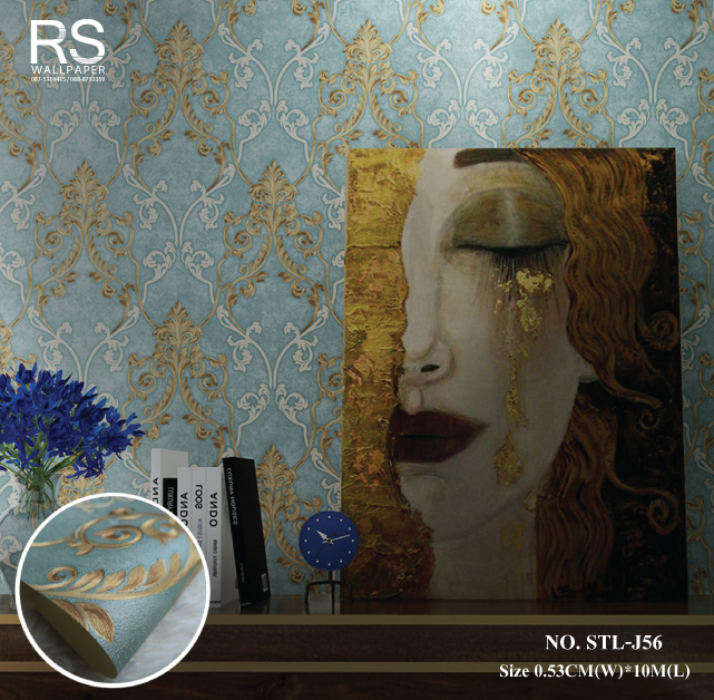 วอลเปเปอร์ ลายหลุยส์สีครีมทอง พื้นสีเขียวอ่อน No.STL-J56