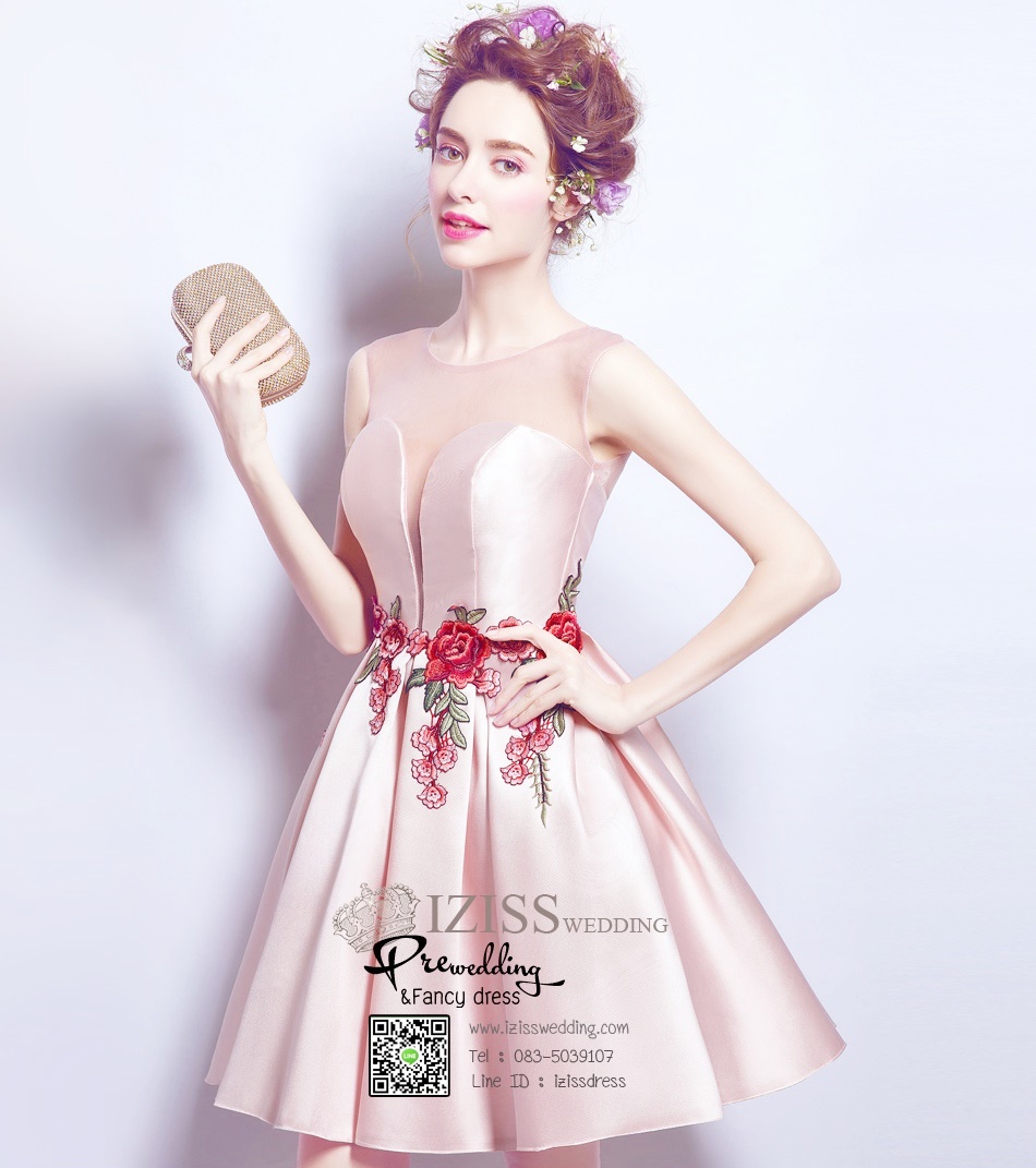 DS022 - **พรีออเดอร์** ชุดราตรี เดรสสั้นออกงานผ้าซาติน (short dresses) ชุดไปงานแต่งงานสวยๆ "ธีมครีมชมพู"