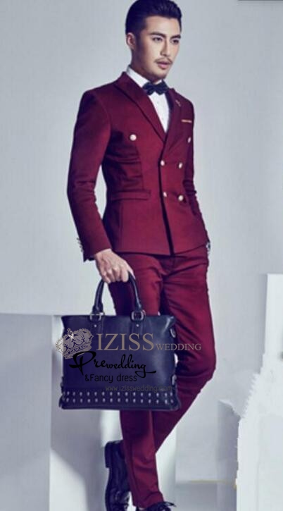 ST031- **พรีออเดอร์**สูทผู้ชายสีแดงแขนยาว พร้อมกางเกง ชุดสูทเจ้าบ่าว สูทแฟนซี ถ่ายพรีเวดดิ้ง & ชุดแต่งงานแฟนซี (Fancy wedding dress) สูทผู้ชายสีแดง