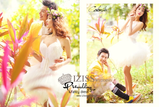 PW211 - **พร้อมส่งเฉพาะผู้ชาย** ชุดคู่ถ่ายพรีเวดดิ้ง (prewedding dress) & ชุดแต่งงานแฟนซี (Fancy wedding dress)ชายหญิง "ธีมขนนกสีขาว-เหลือง"