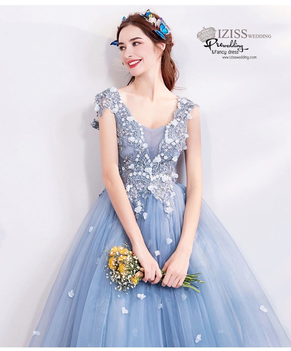 DL072 - **พรีออเดอร์** ชุดราตรี เดรสยาวออกงาน (Night party dresses) ชุดไปงานแต่งงานสวยๆ "ธีมสีฟ้าครามแต่งดอก 3D"