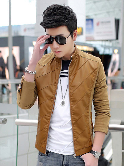 พร้อมส่ง เสื้อแจ็คเก็ตผู้ชาย เสื้อหนัง PU ผู้ชาย สีน้ำตาล ซิปหน้า แขนแต่งกระดุม ใส่เที่ยว ใส่ทำงาน ใส่แล้วเท่
