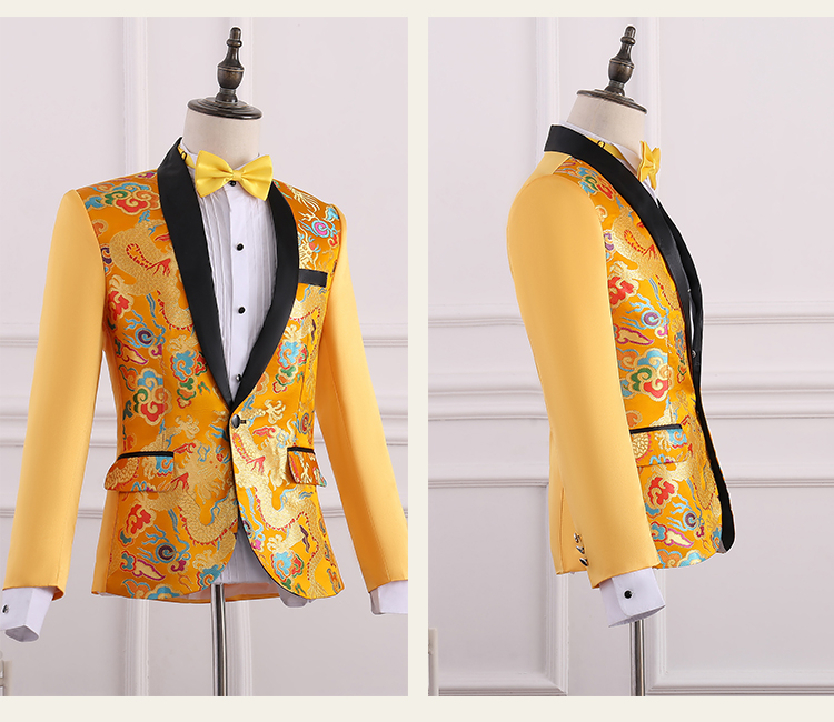 ST125- **พรีออเดอร์**สูทจีนสีน้ำเงินลายมังกร ตัดสีดำช่วงคอ แขนยาว พร้อมกางเกงสีดำ ชุดสูทเจ้าบ่าว สูทแฟนซี ถ่ายพรีเวดดิ้ง & ชุดแต่งงานแฟนซี (Fancy wedding dress) สูทจีนสีเหลืองลายมังกร