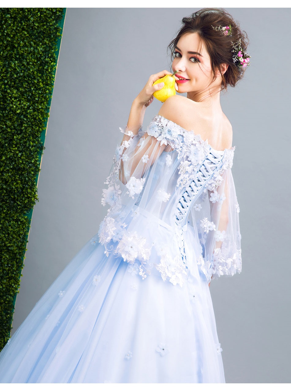 DL033 - **พรีออเดอร์** ชุดราตรี เดรสยาวออกงาน (Night party dresses) ชุดไปงานแต่งงานสวยๆ "ธีมสีฟ้าแต่งดอก 3D"