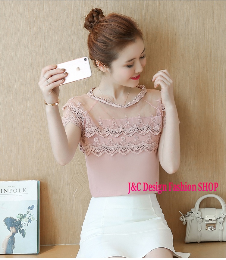 เสื้อทำงานชีฟองเกาหลีสีชมพูแต่งผ้าลูกไม้ตาข่าย เสื้อชีฟองเกาหลีแต่งลูกไม้ เสื้อทำงานเกาหลีคอแต่งโบว์ เสื้อสมัครงาน ชุดสมัครงาน เสื้อลูกไม้เกาหลีใส่กับผ้าถุง เสื้อลูกไม้จากจีนใส่กับผ้าซิ่น