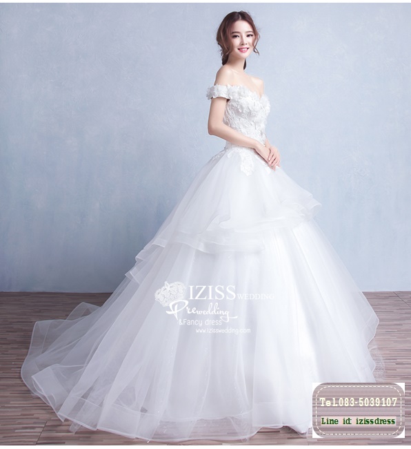 BR182 **พรีออเดอร์**ชุดแต่งงาน&ชุดเจ้าสาวแบบยาวสีขาวเกรดพรีเมี่ยม เปิดไหล่ มีแขน หรูหราน่ารัก สวยโดดเด่นไม่ซ้ำใคร