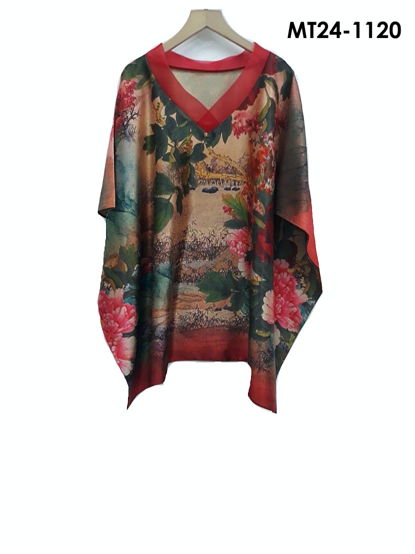 MT24-1120 ไหมจีนคอวีแก้วทรงผีเสื้อ อก 56 นิ้ว สวยสไต์คุณนาย เสื้อผู้ใหญ่